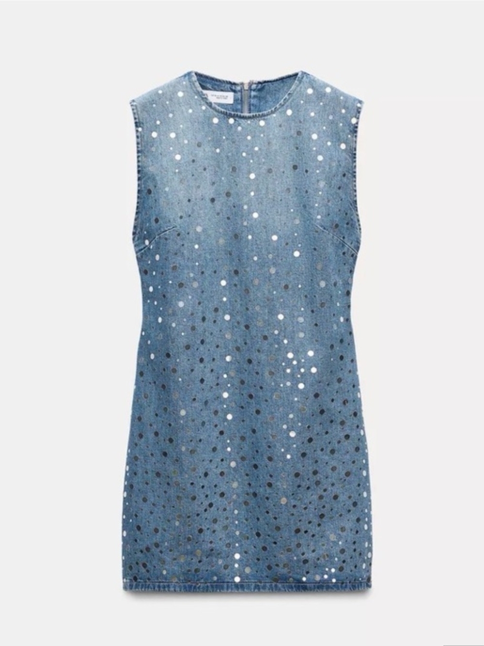 Zara Light Blue Denim Mini Dress with Silver Mirror  Dot Embellishments